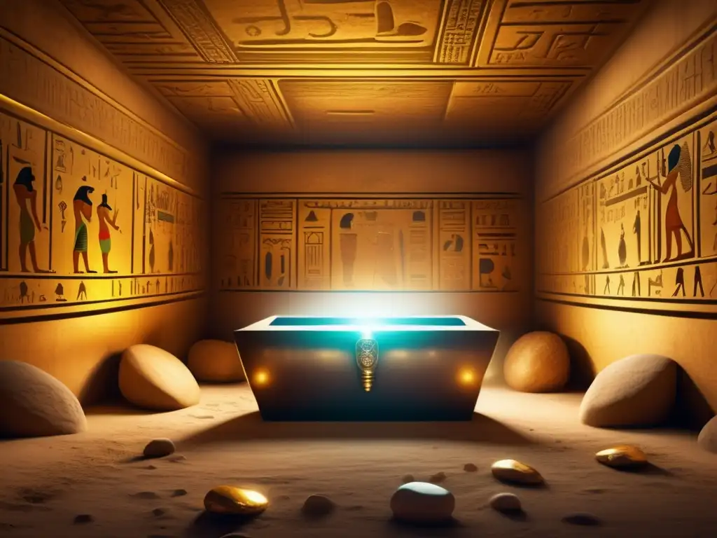 Una cámara subterránea iluminada tenue, repleta de artefactos antiguos egipcios y jeroglíficos intrincados