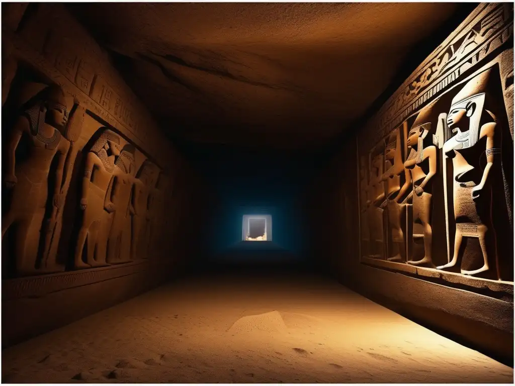 Una cámara subterránea en la Pirámide de Micerinos, iluminada por antorchas, revela deidades y símbolos antiguos