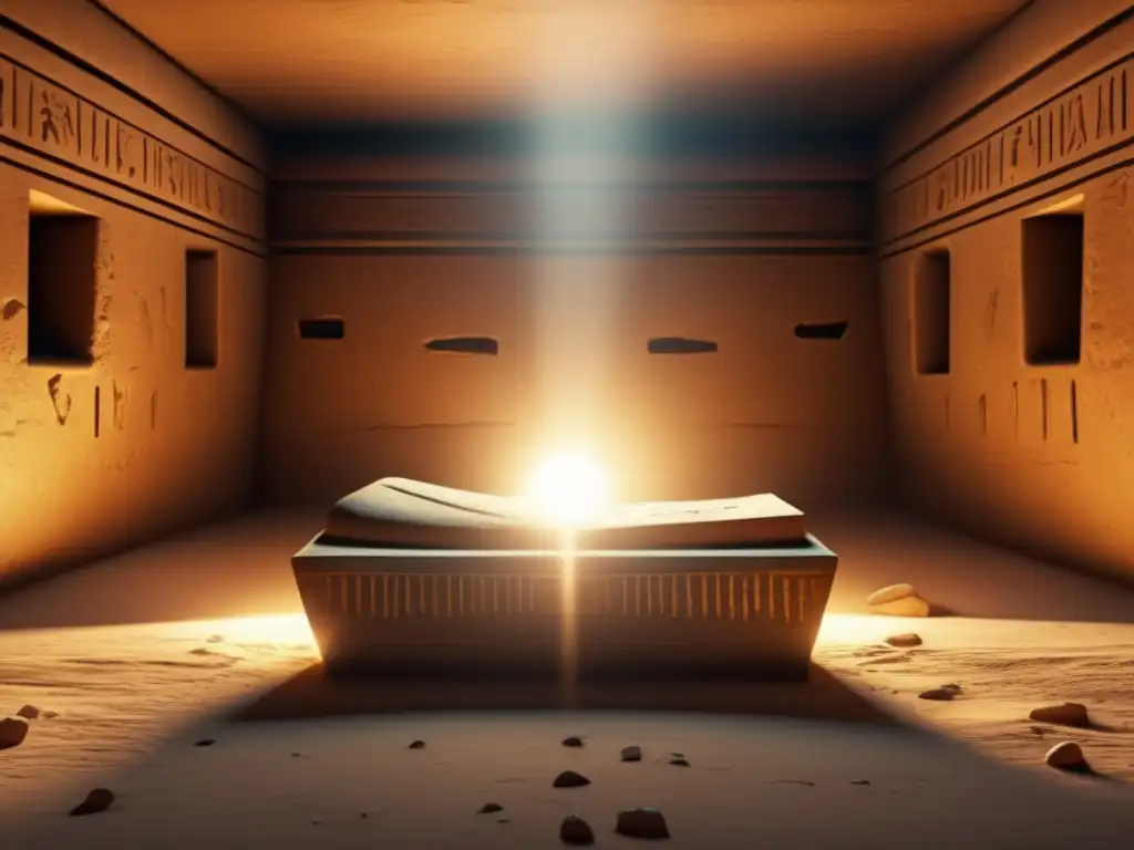 Una cámara de tumba egipcia antigua, iluminada tenuemente por los rayos del sol