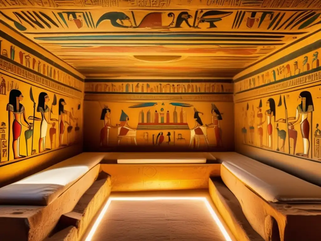 Una cámara de tumba egipcia antigua detalladamente adornada, bañada en cálida luz dorada, captura la mística y el arte de la cultura egipcia