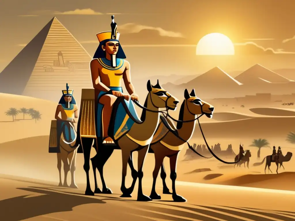 Horemheb, el faraón de la campaña de restauración, lidera su ejército en un imponente carro, en un paisaje egipcio bañado por el sol