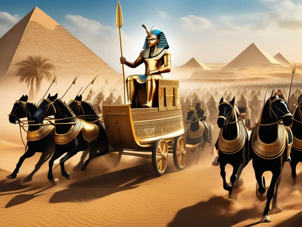 Campañas militares del faraón Thutmose III: Ilustración detallada del faraón liderando su ejército, marchando por un paisaje desértico