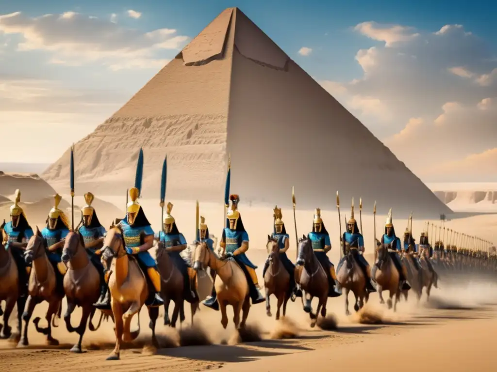 Campañas militares de Thutmose III: Imagen detallada de estilo vintage que muestra al faraón egipcio liderando una campaña militar