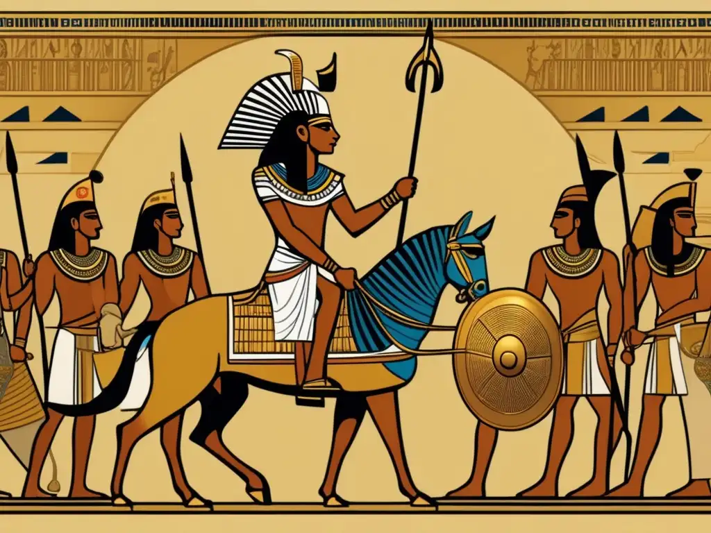Campañas militares del faraón Thutmose III: Poderoso líder en su majestuoso carro de guerra, rodeado de soldados leales en la antigua tierra de Egipto