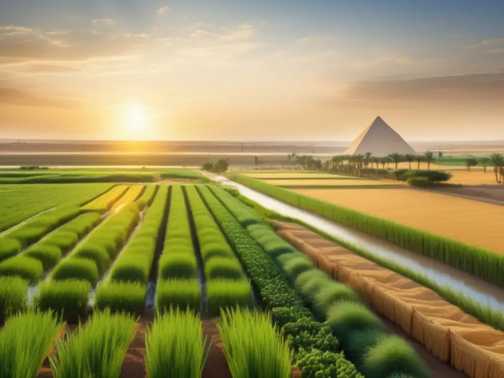 Un campo exuberante en el antiguo Egipto, donde la agricultura era de vital importancia en la vida de sus habitantes