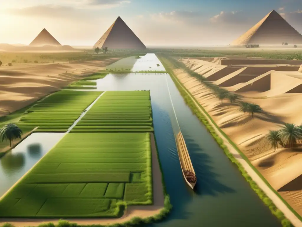 Un campo exuberante en Egipto antiguo, con el río Nilo y agricultores cultivando trigo y cebada