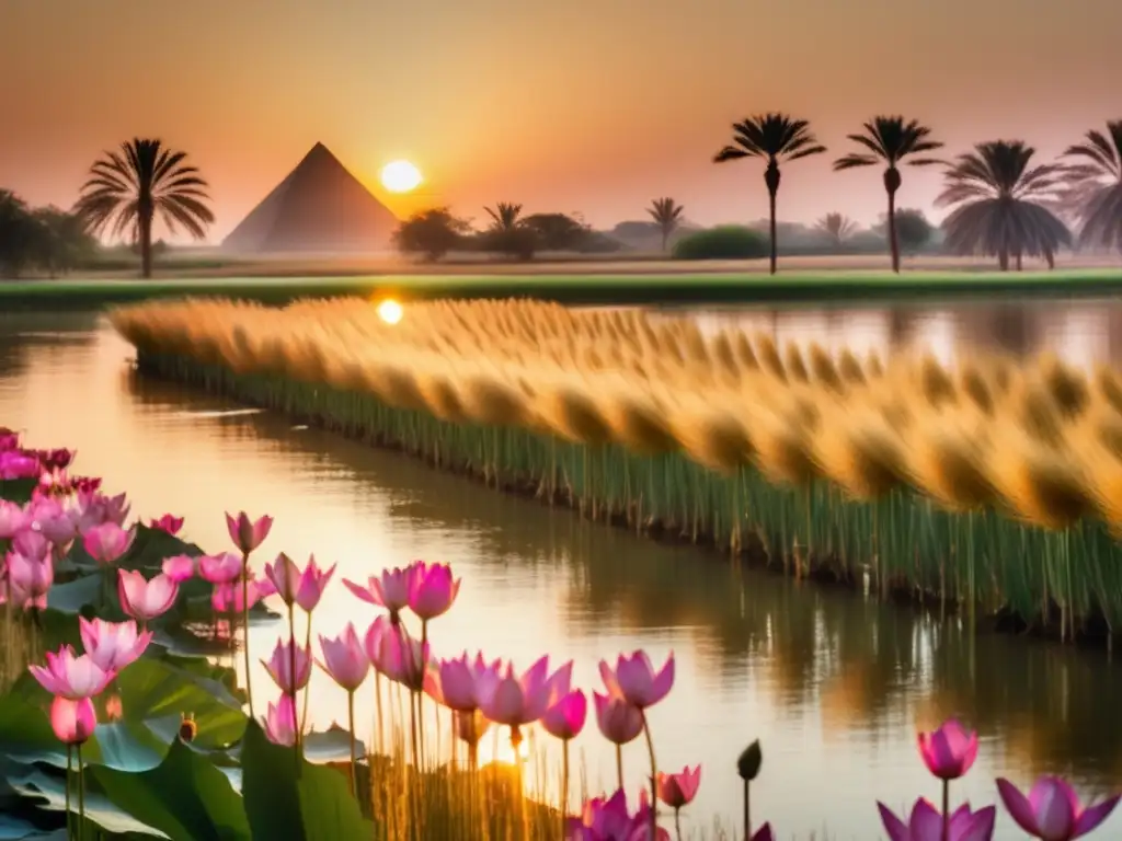 Un campo exuberante en el antiguo Egipto, con trigo dorado meciéndose al viento