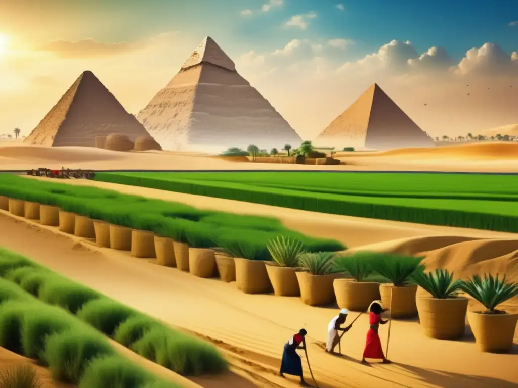 Un campo verde exuberante en el antiguo Egipto con las pirámides icónicas de fondo