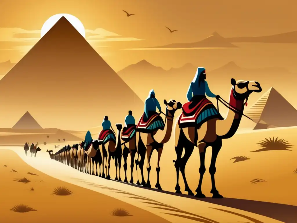 Caravana de camellos en el desierto de Egipto, simbolizando la importancia histórica de los camellos en el comercio y la civilización antigua