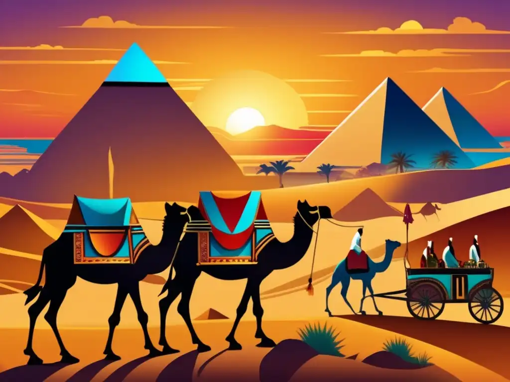 Una caravana comercial antigua atraviesa la Ruta de la Seda, con las majestuosas pirámides de Giza al fondo