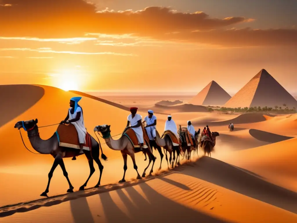 Una caravana comercial del antiguo Egipto atraviesa un vasto paisaje desértico al atardecer
