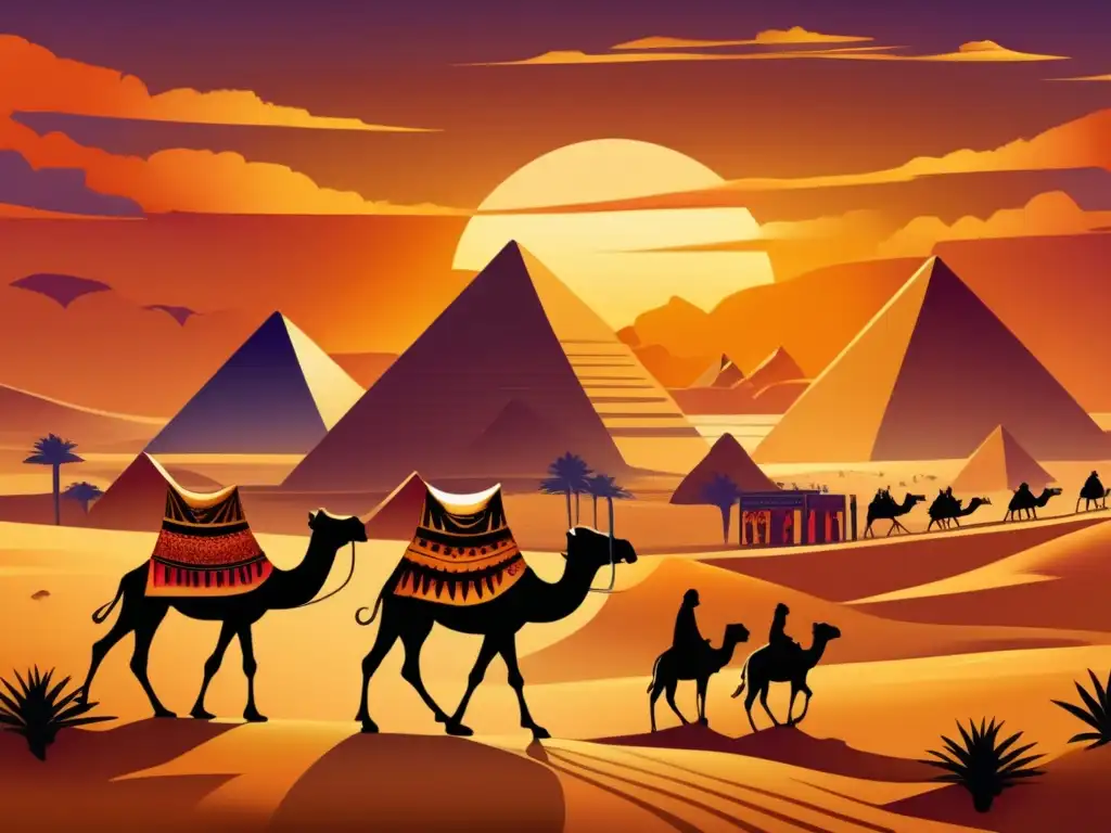 Una caravana comercial atraviesa el desierto, conectando Mesopotamia y Egipto en una interacción cultural vibrante al atardecer