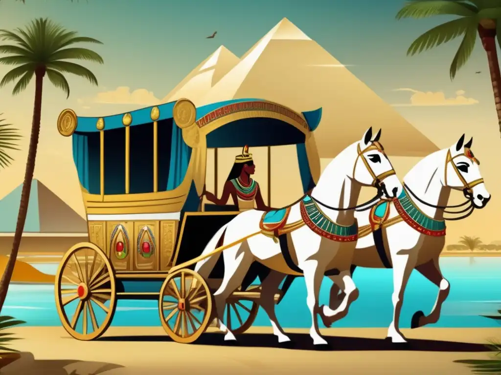 Un carro ceremonial antiguo de Egipto, ricamente adornado con joyas y oro, tirado por dos majestuosos caballos blancos