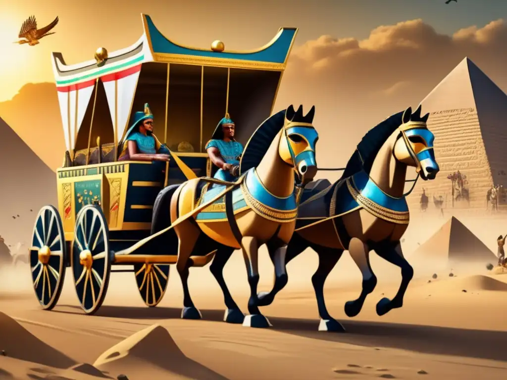 Evolución carro guerra egipcio: Chariot de batalla egipcio vintage, adornado con oro y gemas, en plena acción en el paisaje egipcio