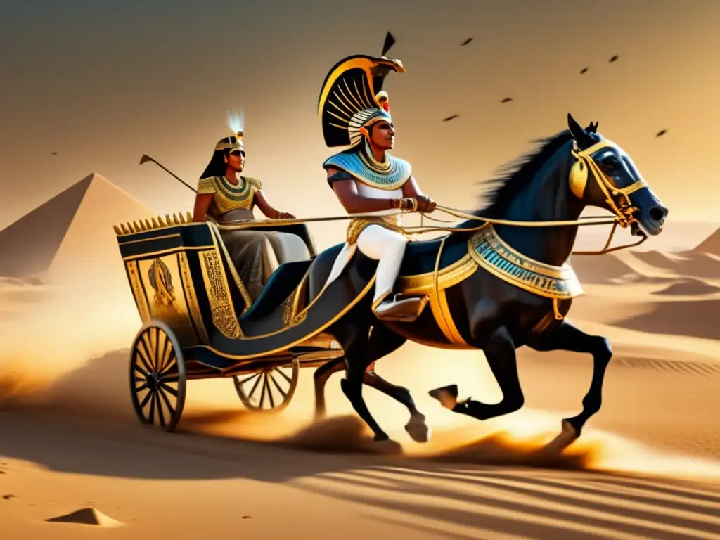 Un carro de guerra egipcio avanza ferozmente por las arenas del desierto, mostrando el poderío del imperio