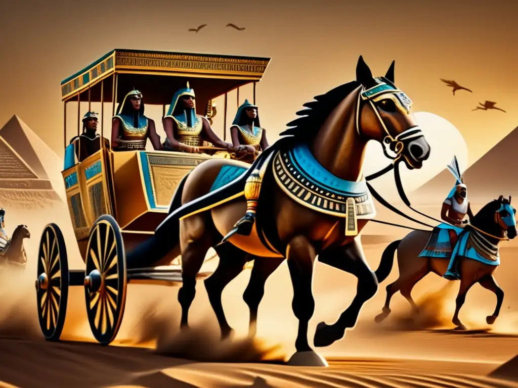 Evolución del carro de guerra egipcio: una imagen detallada y vintage que muestra un carro antiguo en plena batalla en el desierto