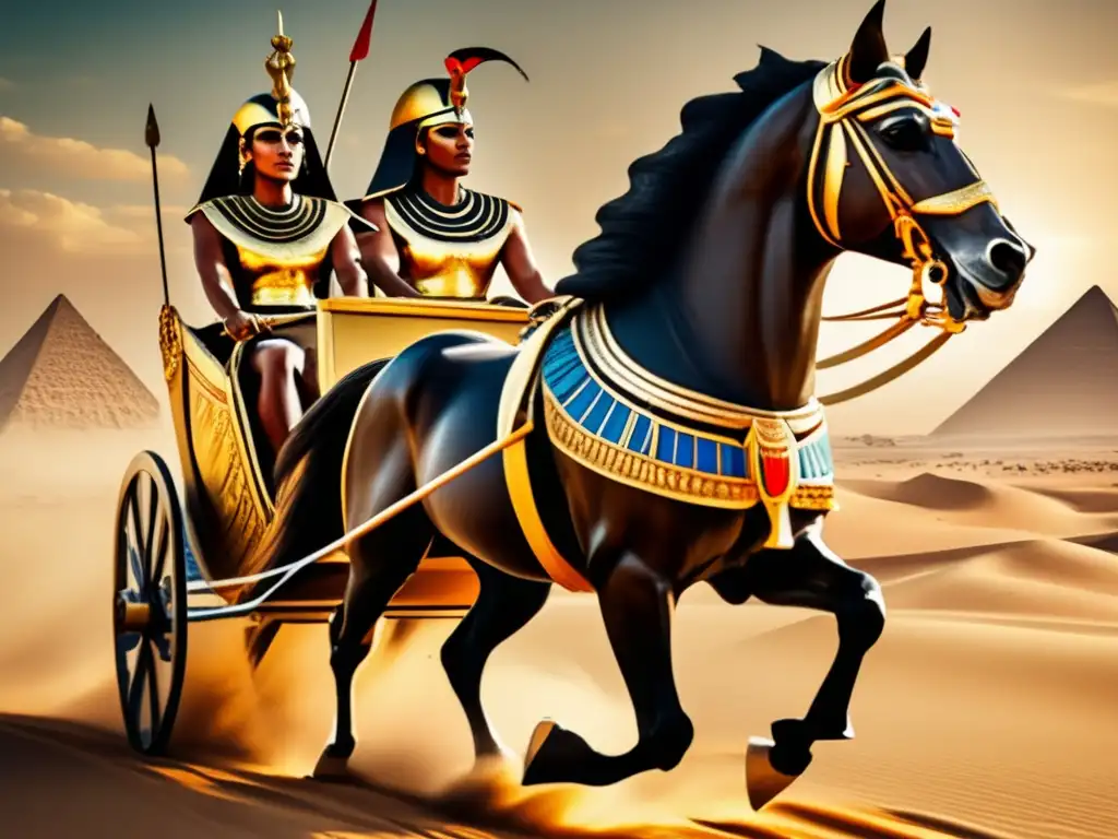 Un carro de guerra egipcio majestuoso en el desierto, tirado por dos potentes caballos