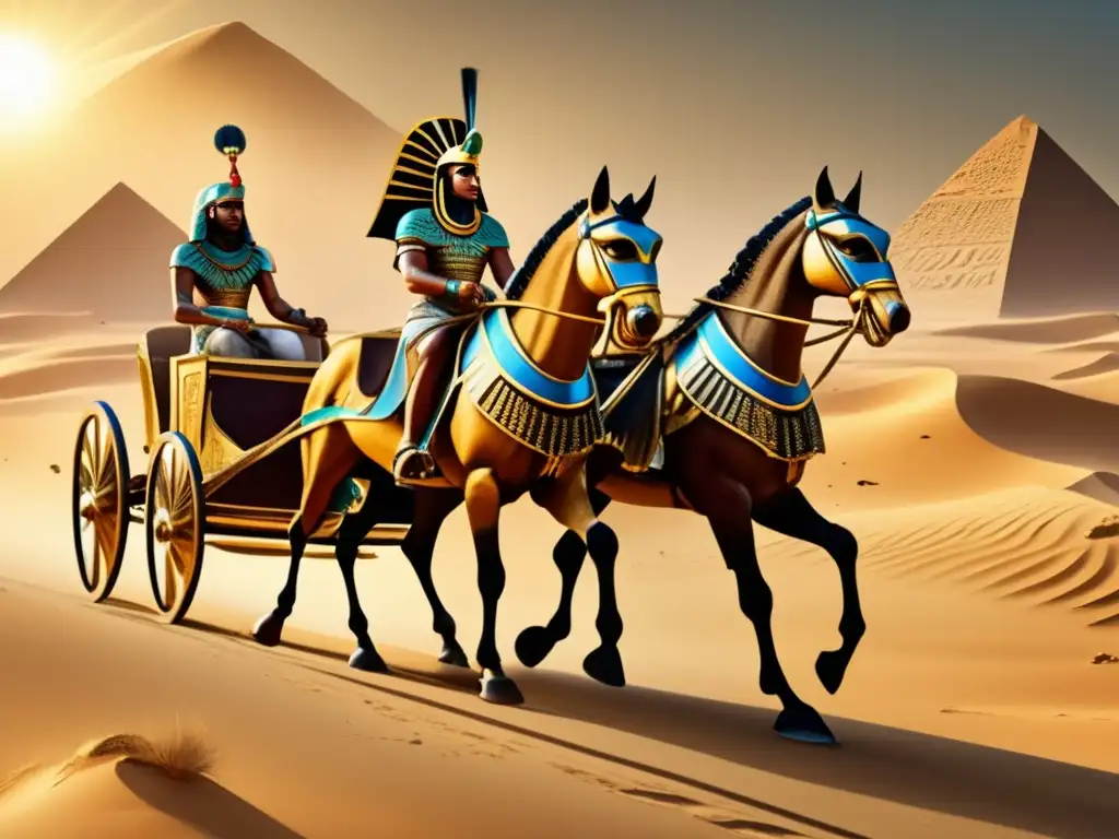 Un carro de guerra egipcio vintage, adornado con oro y joyas, es conducido por un hábil guerrero