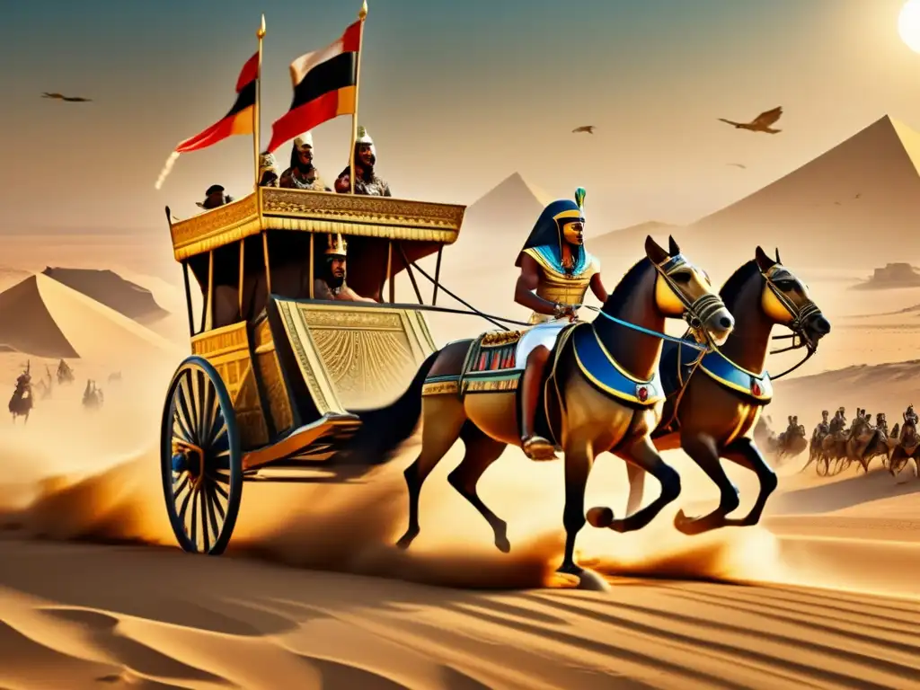 Un carro de guerra egipcio vintage cargando a través del desierto, con el poderoso río Nilo fluyendo al fondo