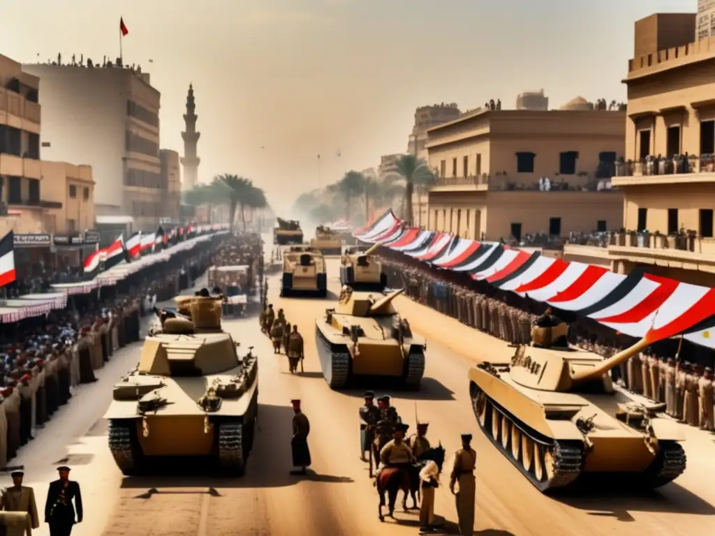 Carros de guerra en Egipto: Una calle bulliciosa en el Cairo durante la revolución militar de tanques, en los años 40
