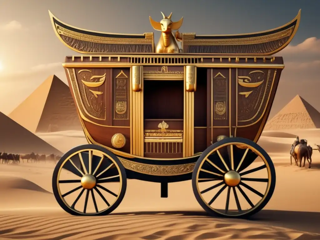 Carros de guerra en Egipto: una imagen detallada de un antiguo carro de madera adornado con intrincados grabados y acentos dorados