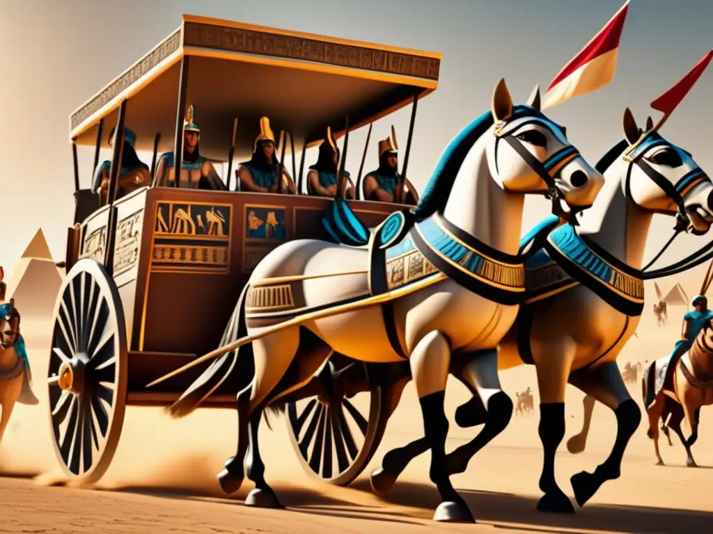 Una carroza de guerra egipcia vintage, detallada y adornada con grabados y símbolos, se encuentra en el centro
