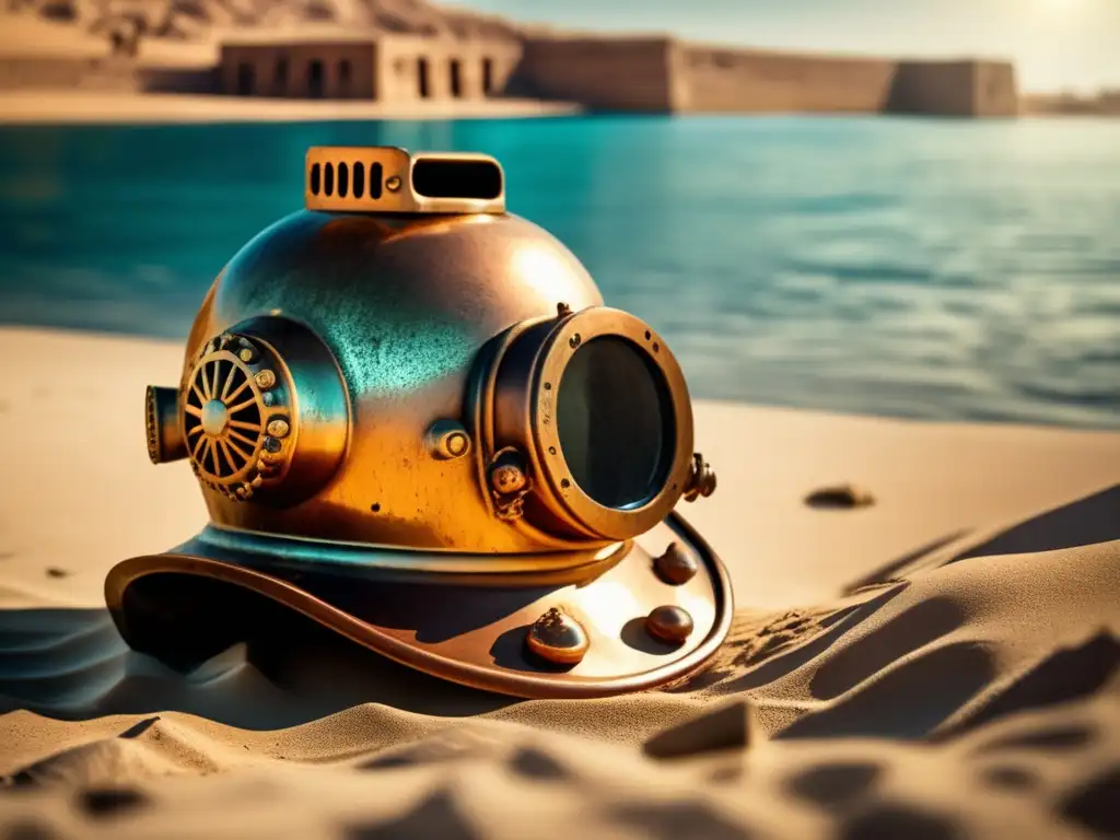 Un casco de buceo vintage descansa en el fondo arenoso del río Nilo, rodeado de ruinas de una antigua ciudad egipcia