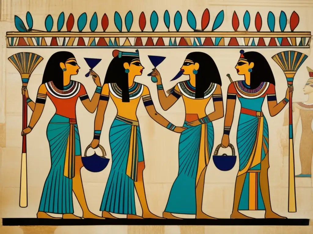 Un cautivador cuadro de una pintura egipcia antigua detallada que muestra a mujeres elegantemente vestidas