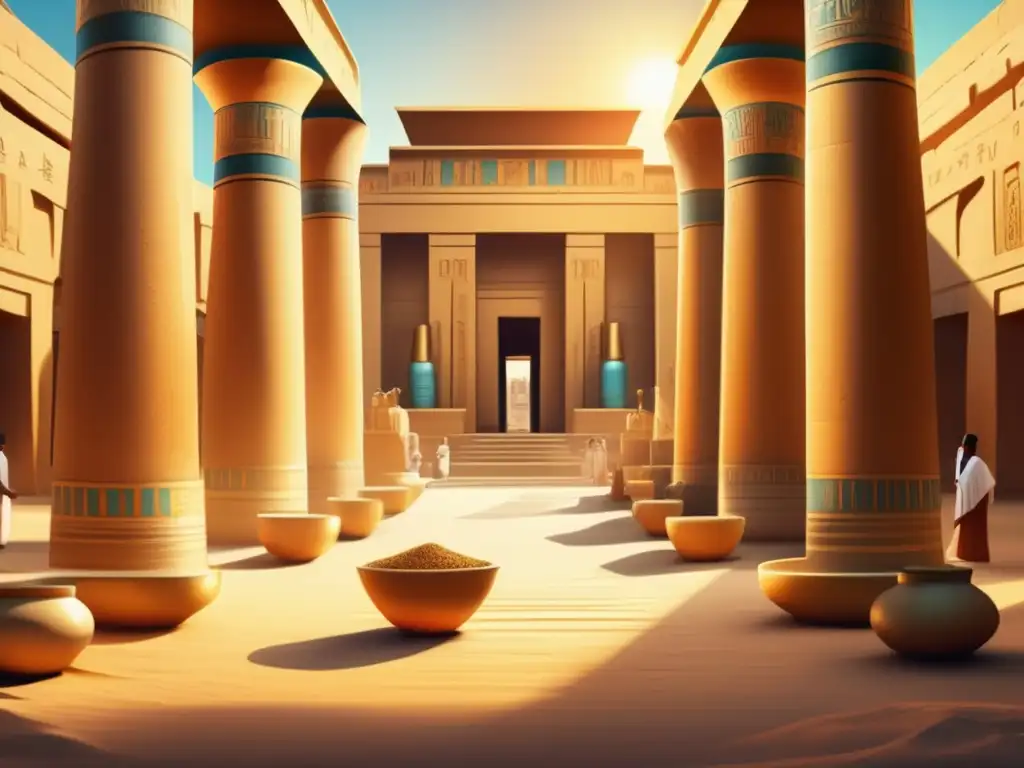 Un cautivador escenario en un antiguo templo egipcio, donde sacerdotes crean conos de aroma