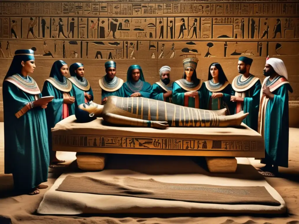 Un cautivador examen post mortem en el Antiguo Egipto: una momia en una losa de piedra rodeada de sabios, revelando jeroglíficos intrincados