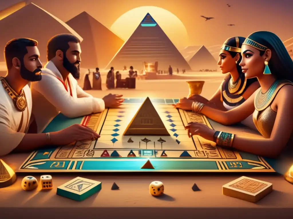 Un cautivador juego de mesa temática egipcia, con jugadores inmersos en una atmósfera nostálgica, disfrutando estratégicamente de la partida
