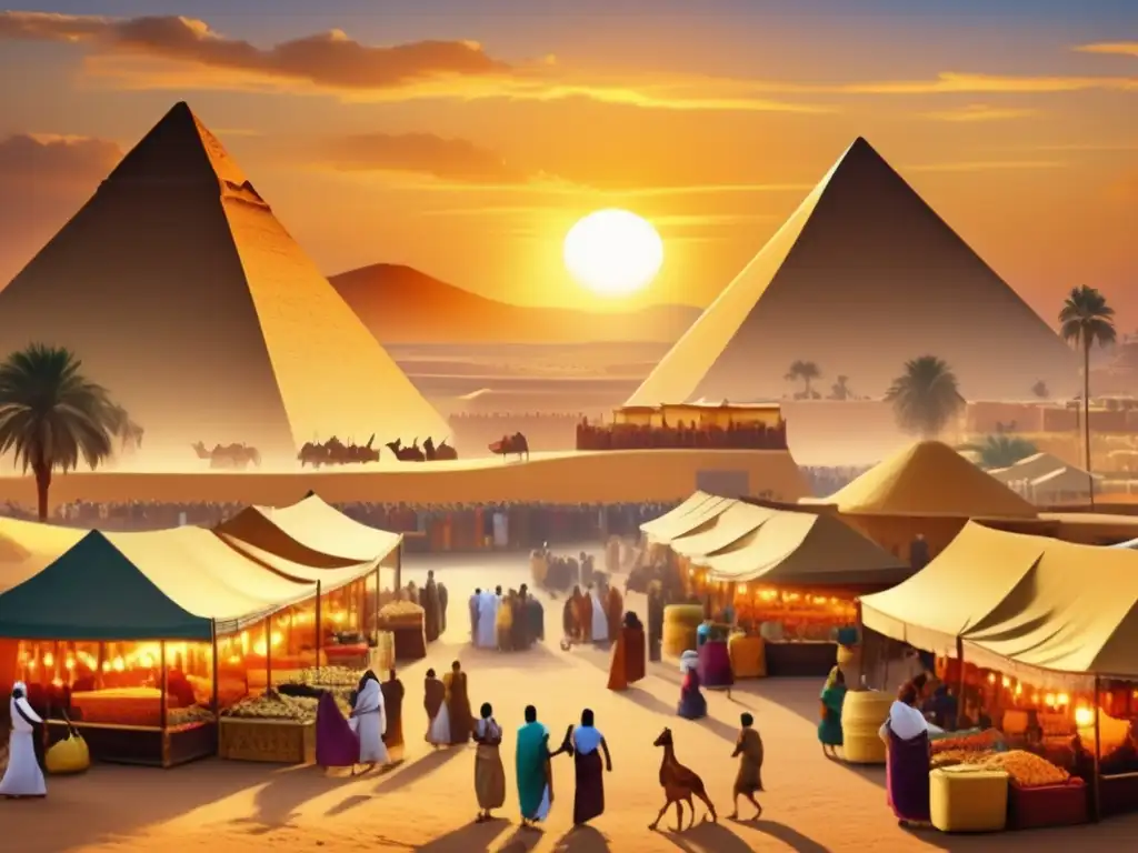 Un cautivador mercado del antiguo Egipto, con caravanas y camellos cargados de mercancías