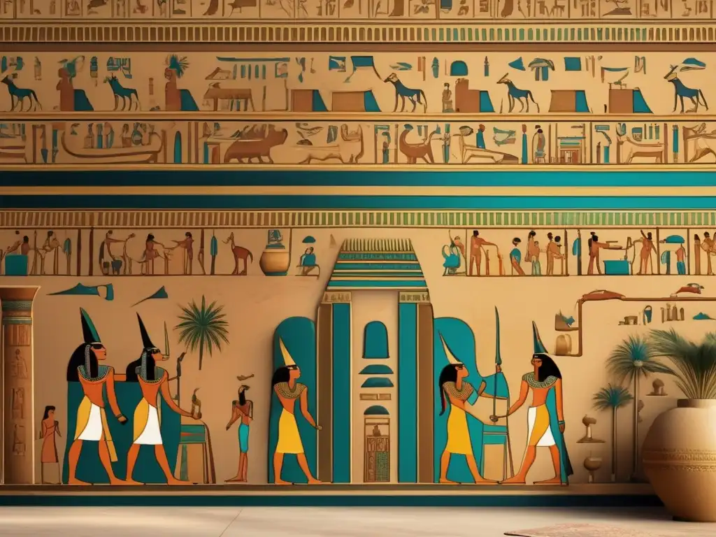 Un cautivador mural del Arte Egipcio del Imperio Nuevo, con símbolos sagrados y colores vibrantes que evocan misterio y reverencia