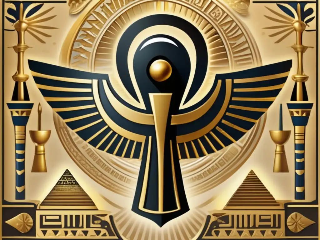 Un cautivador póster publicitario vintage muestra una fusión de símbolos egipcios y marcas actuales, creando una narrativa visual hipnótica