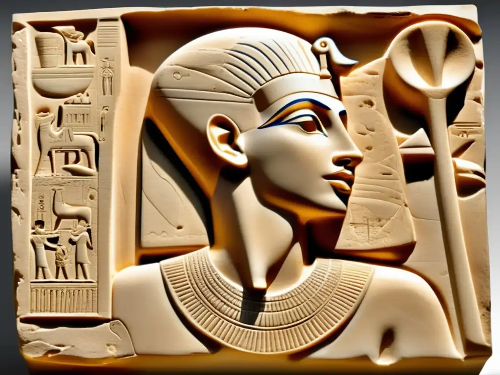 Un cautivador relieve egipcio vintage que muestra al icónico faraón Akhenatón en profunda contemplación, rezando al dios Aten