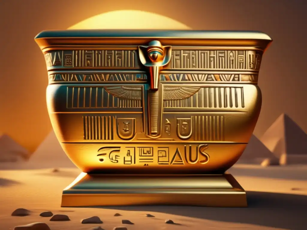 Un cautivador sarcófago dorado, con hieroglíficos intrincados, cuenta el conflicto en la cosmología egipcia en esta obra de arte vintage