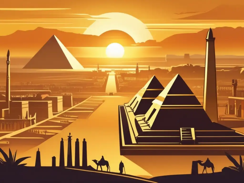 Imponente y cautivadora ilustración vintage de la antigua ciudad egipcia de Heliópolis, centro del culto al Sol en el antiguo Egipto