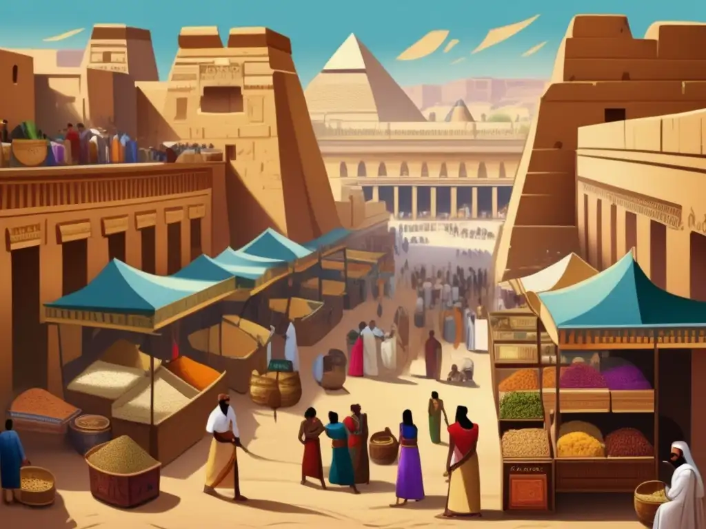 Una representación cautivadora del antiguo Egipto en el cine, con un bullicioso mercado donde se exhiben especias, cerámicas y animales exóticos