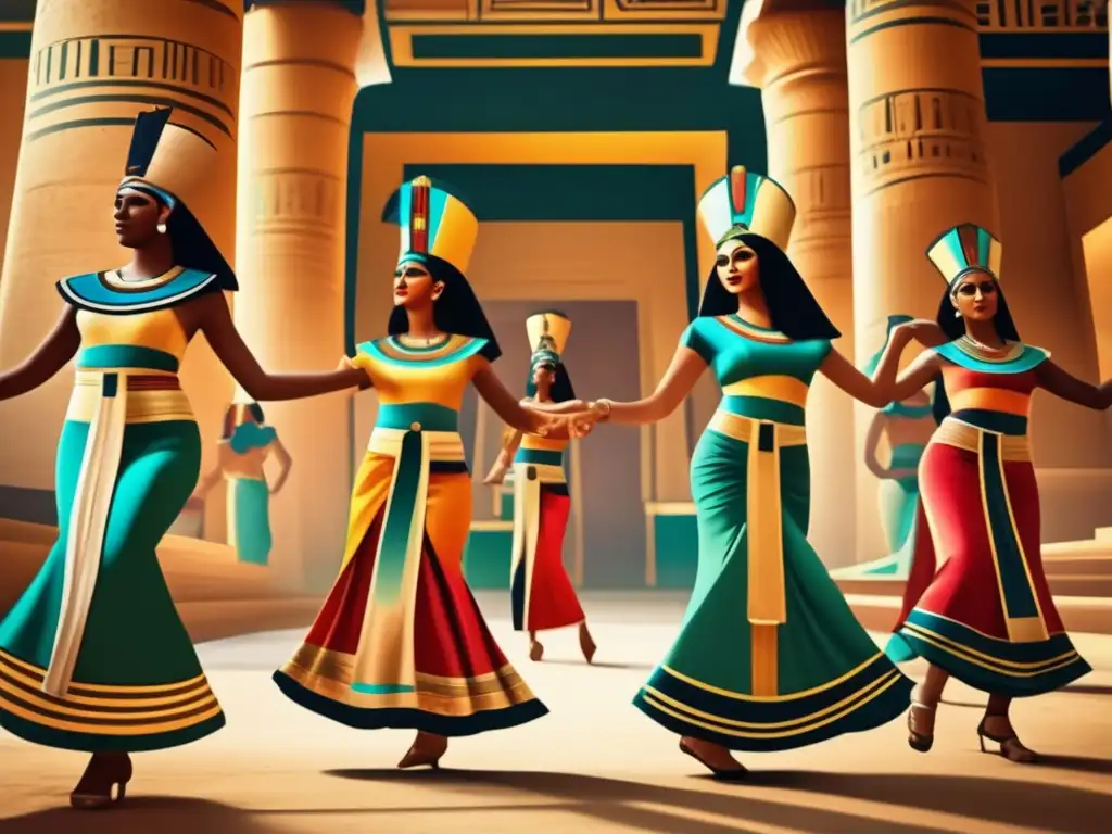 Una cautivadora representación artística de la danza en el Antiguo Egipto, con bailarines egipcios antiguos danzando en un majestuoso templo