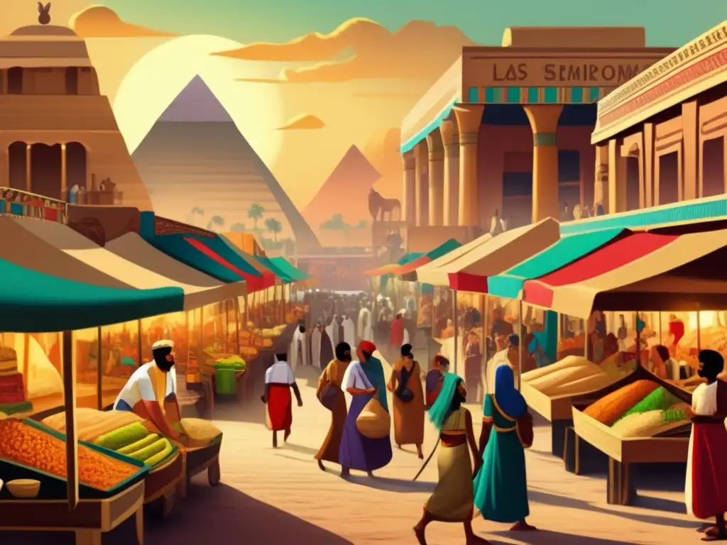 Una cautivadora ilustración vintage muestra un bullicioso mercado egipcio durante el Imperio Medio