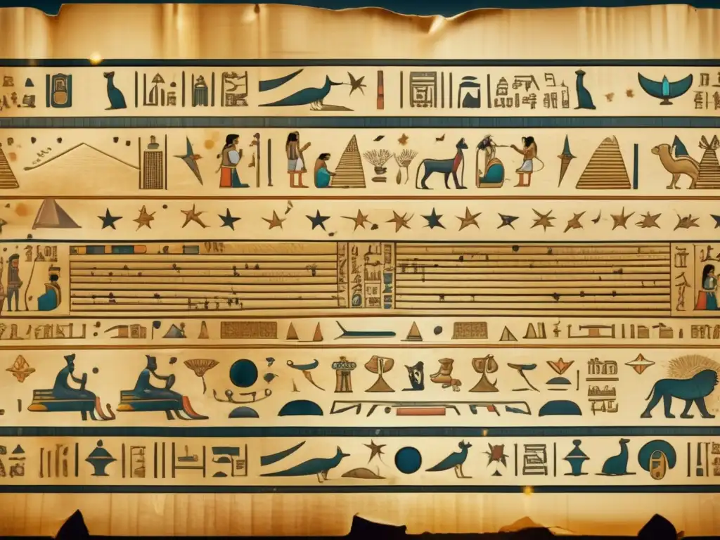 Una cautivadora conexión celestial en jeroglíficos egipcios se despliega en un antiguo pergamino, revelando secretos del universo