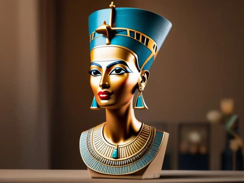 La cautivadora e icónica estatua de Nefertiti, detallada y preservada con un vibrante toque vintage