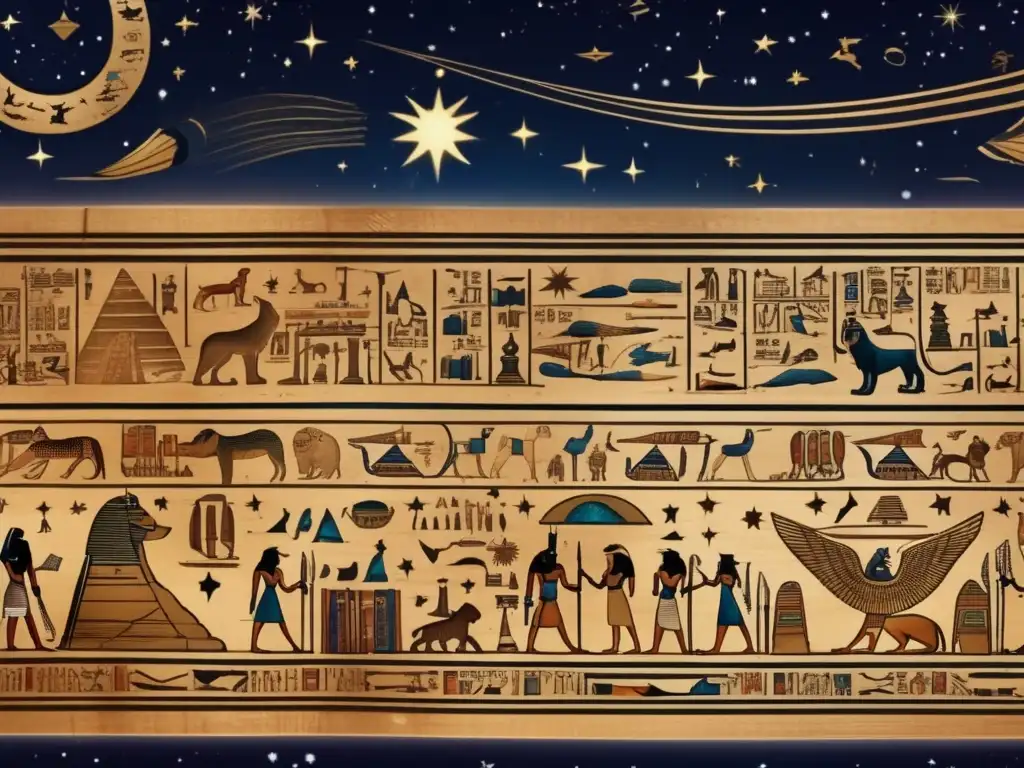 Una cautivadora escena celeste en un antiguo papiro egipcio, con ilustraciones astronómicas y jeroglíficos