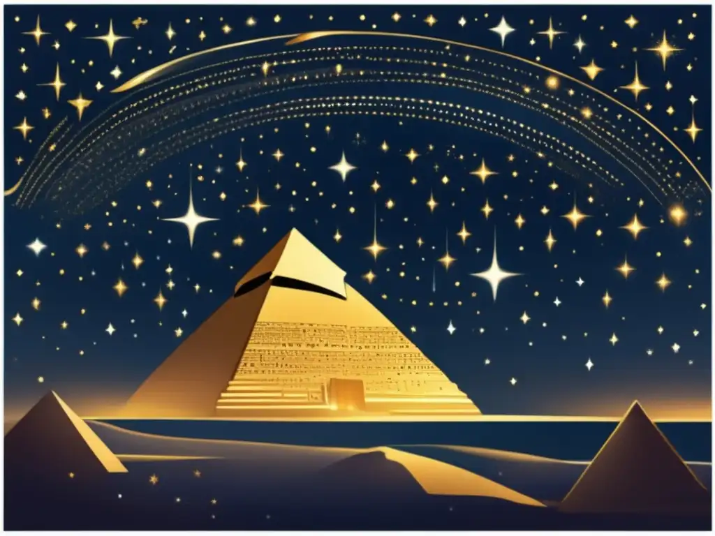 Una cautivadora ilustración estilo vintage muestra el cielo nocturno sobre el antiguo Egipto, con las estrellas formando las constelaciones del calendario egipcio y personas danzando en sincronía con ellas