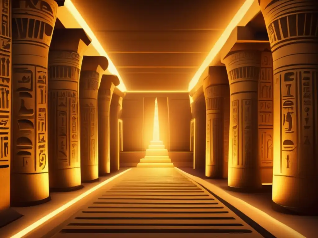 Una cautivadora ilustración de estilo vintage que muestra la reconstrucción misteriosa del antiguo lenguaje egipcio demótico en un majestuoso templo