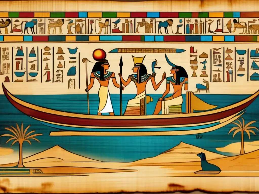 Una cautivadora imagen en 8k de un antiguo papiro egipcio adornado con intrincadas jeroglíficos