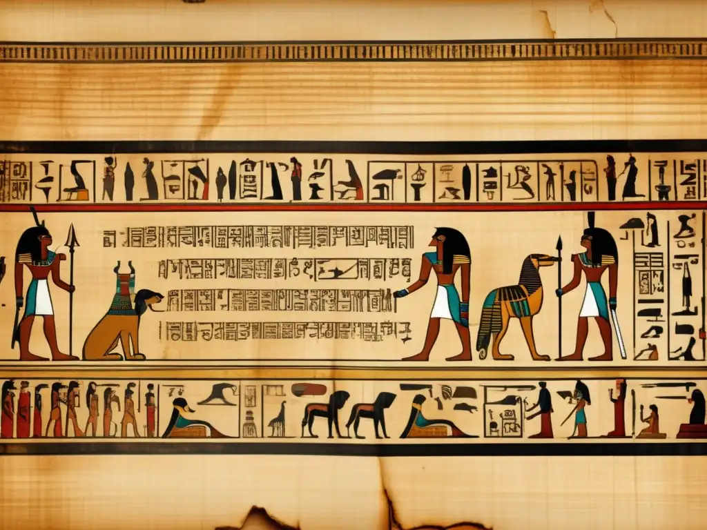 Una cautivadora imagen de un antiguo pergamino egipcio con colores marrones desvanecidos y delicadas grietas