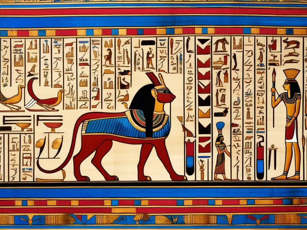 Una cautivadora imagen de un antiguo rollo de papiro egipcio, con intrincados jeroglíficos en tonos vibrantes de azul, rojo y dorado