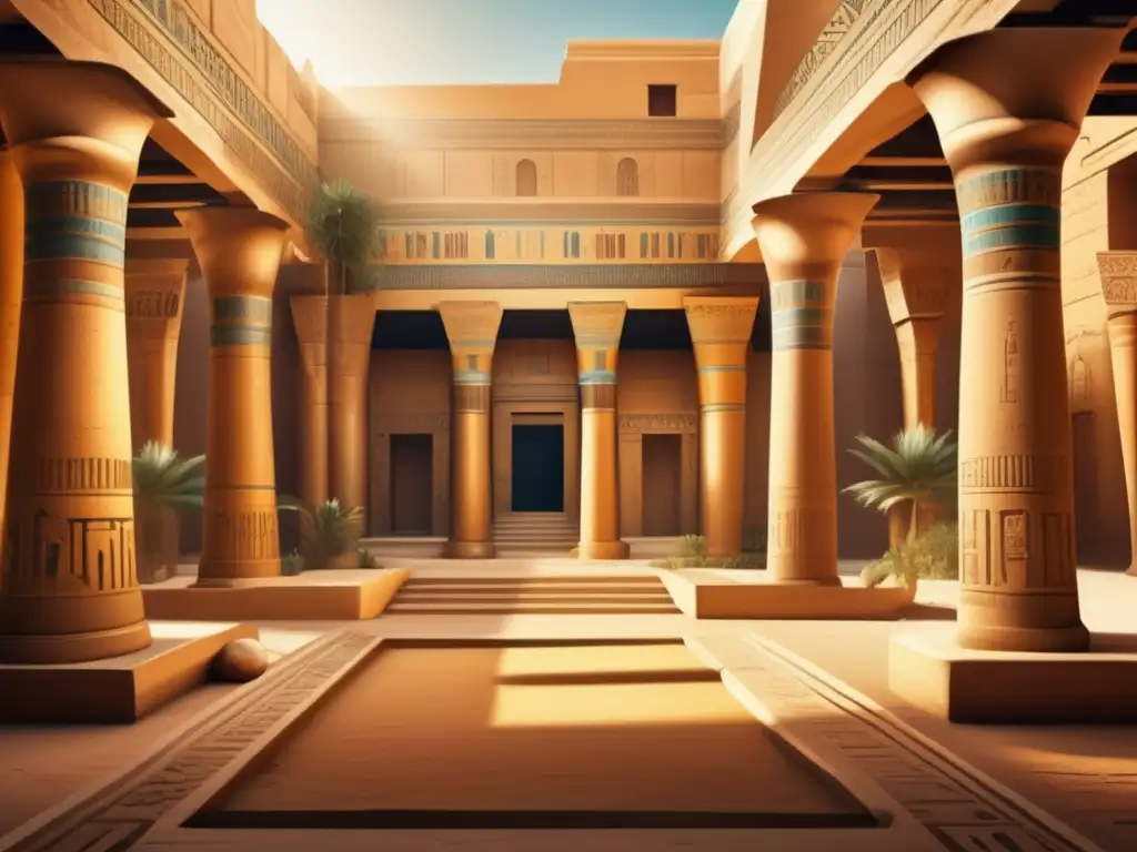 Una cautivadora imagen de una arquitectura doméstica en el Antiguo Egipto, con un patio preservado y detalles intrincados