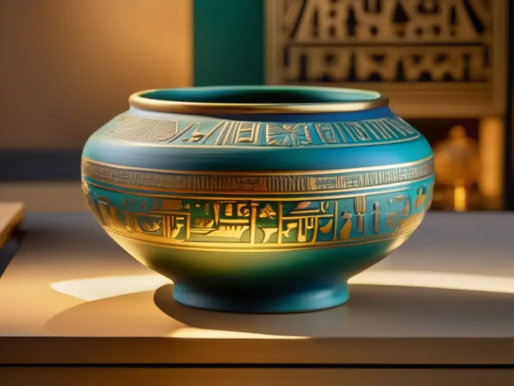 Una cautivadora imagen detallada de una antigua vasija de cerámica egipcia, adornada con intrincados patrones jeroglíficos